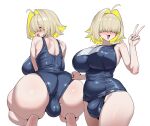  1girl :3 :d absurdres ahoge ass blonde_hair blush breasts brown_eyes bulge colored_inner_hair covered_navel cowboy_shot elegg_(nikke) fang feet_out_of_frame from_behind futanari goddess_of_victory:_nikke hair_intakes hair_over_eyes highres huge_breasts impossible_clothes impossible_swimsuit kneeling looking_at_viewer looking_back multicolored_hair multiple_views nose_blush paid_reward_available school_swimsuit shaded_face short_hair simple_background smile swimsuit testicles v white_background wujack 
