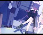  4girls :p ;p absurdres belt black_belt black_choker black_nails black_shirt black_skirt blue_archive blurry bow bow-shaped_hair cellphone center_frills choker commentary cone_hair_bun crossed_legs demon_girl demon_wings depth_of_field double_bun dual_wielding dutch_angle fishnet_thighhighs fishnets foot_out_of_frame frilled_shirt frills gun hair_bow hair_bun hair_ornament hairclip halo hands_up heart_ornament highres holding holding_phone jirai_kei karen_(blue_archive) kyukouka_p letterboxed long_hair long_sleeves looking_at_viewer low_wings making-of_available multicolored_hair multicolored_nails multiple_girls nail_polish one_eye_closed parallel_hairclips phone pink_nails pointy_ears purple_eyes purple_hair purple_halo shirt sidelocks single_thighhigh sitting skirt slit_pupils smartphone solo_focus standschutze_hellriegel_m1915 streaked_hair submachine_gun thigh_strap thighhighs tongue tongue_out train_interior tsurime twintails very_long_hair weapon white_bow wings 