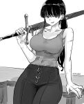  1girl arm_support artist_name bare_shoulders breasts bright_pupils collarbone commentary cowboy_shot eyelashes fantasy fingernails greyscale hair_between_eyes hair_ribbon hand_up highres holding holding_sword holding_weapon jun_(navigavi) large_breasts long_hair looking_at_viewer making-of_available monochrome multiple_scars on_table open_mouth original over_shoulder pants ponytail ribbon scabbard scar scar_on_arm scar_on_hand scar_on_shoulder sheath sheathed shirt signature simple_background single_sidelock sketch smile solo sword sword_over_shoulder table tank_top taut_clothes taut_shirt teeth upper_teeth_only weapon weapon_over_shoulder white_background 