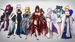  6+girls absurdres ahoge alternate_costume antenna_hair archetype_earth archetype_earth_(third_ascension) arcueid_brunestud arms_at_sides artoria_pendragon_(fate) baobhan_sith_(fate) bare_shoulders black_bow black_gloves black_hair blonde_hair blue_cape blue_eyes blue_hair blunt_bangs blush bow bracelet breasts brown_eyes brown_hair cape chinese_clothes cleavage cleavage_cutout clothing_cutout collarbone colored_inner_hair colored_skin commentary_request detached_collar double_bun dress earrings eyeliner fate/grand_order fate/prototype fate/stay_night fate_(series) feather_cape flower folding_fan full_body gloves glowing glowing_hair gold_trim green_eyes grey_background grey_eyes grey_hair grey_skin hair_bow hair_bun hair_flower hair_intakes hair_ornament hand_fan high_heels high_ponytail highres holding holding_fan holding_umbrella jewelry large_breasts long_hair long_sleeves looking_at_viewer lotus makeup medium_breasts merlin_(fate/prototype) morgan_le_fay_(fate) multicolored_hair multiple_girls open_mouth parted_lips pelvic_curtain pink_hair pointy_ears ponytail qipao red_dress red_eyes saber_(fate) sash shibao_aoyama short_dress side_cape side_slit sidelocks single_sleeve smile standing tassel tenochtitlan_(fate) twintails two-tone_dress two-tone_hair umbrella very_long_hair white_dress white_hair yu_mei-ren_(fate) 