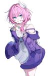  1girl 77_tarte blue_eyes breasts coat commentary cyrene_(honkai:_star_rail) cyrene_(philia093)_(honkai:_star_rail) dress hair_ornament highres honkai:_star_rail honkai_(series) jewelry looking_at_viewer medium_hair multicolored_hair necklace pink_hair purple_coat simple_background small_breasts smile solo two-tone_hair white_background white_dress white_hair 