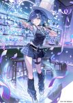  1girl :d alcohol bar_(place) bar_counter bar_stool blue_eyes blue_hair blue_nails blue_ribbon blue_skirt blue_socks blue_vest bottle bow character_name collared_shirt commentary_request company_name confetti copyright_name copyright_notice cup drinking_glass flower food fork fruit glass grin hair_bow hair_flower hair_ornament hat highres holding holding_cup holding_microphone indoors kneehighs liquid looking_at_viewer loose_socks medium_hair microphone nail_polish neck_ribbon nenecrepe official_alternate_costume official_art one_eye_closed pleated_skirt ribbon shirt shoes short_sleeves skirt smile socks solo speaker stool thigh_strap top_hat tsumugi_kokage vest virtual_youtuber vspo! white_hat white_shirt white_shoes wine_bottle wine_glass xross_stars 