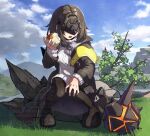  1girl apple arknights arknights:_endfield black_coat black_hair black_mask black_pantyhose coat commentary_request day endministrator_(arknights) female_endministrator_(arknights) food fruit full_body highres holding holding_food holding_fruit long_sleeves mask open_clothes open_coat open_mouth originium_slug_(arknights) outdoors ovolo123 pantyhose short_hair solo sweater white_sweater 