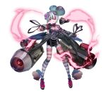 1girl 404_game_re:set bandage_over_one_eye black_dress black_gloves black_wings bob_cut bow bowtie breasts cannon cathode_(404_game_re:set) character_charm charm_(object) closed_mouth commentary_request dress fantasy_zone feathered_wings fingerless_gloves flower full_body gloves green_streaks hair_flower hair_ornament highres legs_apart looking_at_viewer low_wings medium_breasts microdress multicolored_hair multiple_wings nail_polish official_art opa-opa pantyhose personification pink_bow pink_bowtie pink_eyes pink_nails pink_pantyhose platform_shoes purple_flower red_shoes shoes short_hair simple_background smile solo standing streaked_hair striped_clothes striped_pantyhose white_background white_hair wings yuugen 