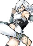  1girl armpit_crease asymmetrical_bangs blue_pupils bridal_gauntlets commentary_request cover cover_page detached_leggings dress floating_hair frilled_bridal_gauntlets frilled_thighhighs frills fujita_kakuji gladiator_sandals grey_bridal_gauntlets grey_eyes grey_thighhighs grin hair_over_one_eye hand_up highres japanese_clothes kicking kimono leg_up leggings long_hair looking_at_viewer multiple_scars obi obijime open_hand parted_bangs pelvic_curtain sandals sarashi sash scar scar_on_arm scar_on_cheek scar_on_chest scar_on_face scar_on_foot scar_on_hand scar_on_leg scar_on_mouth scar_on_thigh scars_all_over side_slit simple_background sleeveless sleeveless_dress sleeveless_kimono smile solo textless_cover_page thighhighs tokugawa_no_mashira tsuki_(tokugawa_no_mashira) upper_body white_background white_hair white_kimono white_leggings 