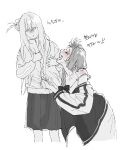  2girls :o blush bocchi_the_rock! braid closed_eyes commentary_request cube_hair_ornament fang gotoh_hitori greyscale hair_between_eyes hair_ornament highres hiroi_kikuri jacket korean_commentary korean_text long_hair monochrome multiple_girls murrang_f off_shoulder one_side_up open_mouth pulling_another's_clothes shaded_face single_braid skirt track_jacket translation_request white_background 