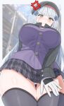  1girl absurdres anger_vein beret black_thighhighs blue_eyes breasts clukay_(neural_cloud) commentary_request facial_mark girls'_frontline gloves green_eyes hat highres hk416_(girls'_frontline) klukai_(girls'_frontline_2) large_breasts long_hair long_sleeves looking_at_viewer miniskirt panties pantyshot skirt tattoo teardrop_facial_mark teardrop_tattoo thick_thighs thighhighs thighs uchikata_takeaki underwear white_gloves white_panties 