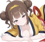  1girl back_ribbon breasts brown_eyes brown_hair cleavage commentary_request double_bun hair_bun hairband half-closed_eyes happi highres imadake_dabuchi_tabemi imadake_tsukimi_tabemi inami_(x_spidekawaii_x) japanese_clothes large_breasts looking_at_viewer lying mcdonald's on_stomach open_happi short_hair short_sleeves simple_background smile solo yellow_hairband yellow_happi 