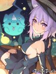  1girl :3 absurdres animal_ear_fluff animal_ears bare_shoulders black_dress black_hat black_thighhighs blush bone_hair_ornament breasts cat_ears cat_girl cat_tail cleavage commentary crossed_legs detached_sleeves dress english_text ghost hair_between_eyes hair_ornament halloween halloween_costume hat highres hololive inugami_korone inugami_korone_(dog) irroi large_breasts large_hat looking_at_viewer moon nekomata_okayu night outdoors purple_eyes purple_hair purple_tail short_hair sideboob sitting sleeveless sleeveless_dress smile tail thighhighs trick_or_treat virtual_youtuber witch witch_hat zettai_ryouiki 