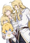  3boys absurdres black_pants blonde_hair blue_eyes character_doll doll genshin_impact hair_between_eyes highres holding holding_stuffed_toy ikhor_(genshin_impact) long_hair male_focus multiple_boys pants shirt short_hair stuffed_toy white_shirt yuelinpanp98413 