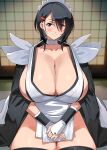  1girl absurdres apron black_eyes black_hair black_thighhighs blush breasts choker cleavage commentary_request covered_nipples flipped_hair frilled_leotard frills groin hair_ornament highres huge_breasts indoors iroha_(samurai_spirits) japanese_clothes lace-trimmed_apron lace_trim legs_together leotard looking_at_viewer maid maid_headdress maid_leotard negresco obi on_floor samurai_spirits sash seiza short_hair shouji sitting sliding_doors smile snk solo tatami textless_version thick_thighs thighhighs thighs translation_request unconventional_maid wide_sleeves 