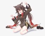  1girl absurdres animal_ear_fluff animal_ears black_shorts breasts brown_hair brown_shirt cat_ears cat_girl commentary_request genshin_impact gradient_hair hair_between_eyes highres hu_tao_(genshin_impact) long_hair long_sleeves mitarashi_(miil_liim) multicolored_hair open_mouth red_eyes red_hair shirt shoes shorts simple_background smile socks solo symbol-shaped_pupils twintails unworn_shoes white_socks 