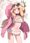  1girl absurdres arm_up armpits bikini blonde_hair borrowed_character commentary commission eyewear_on_head flower hair_flower hair_ornament highres jacket jacket_partially_removed korean_commentary long_sidelocks low-tied_sidelocks navel original pink_jacket pointy_ears red_eyes sidelocks simple_background solo swimsuit white_bikini yungun_(dbsrjsdn0330) zoom_layer 