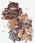  2boys :d :o ahoge animal_ears animal_hug aqua_eyes asymmetrical_gloves bell black_collar black_gloves black_hairband blush brown_eyes brown_hair claws collar colored_inner_hair crop_top cropped_jacket dog dog_boy dog_ears dog_tail fang fingerless_gloves gaming_(genshin_impact) genshin_impact gloves gold_trim gorou_(genshin_impact) grey_jacket grey_pants hair_between_eyes hair_intakes hair_ornament hairband half_updo hands_up highres hood hood_down hooded_jacket hug igote jacket japanese_clothes jingle_bell long_sleeves looking_at_viewer looking_to_the_side male_focus man_chai_(genshin_impact) medium_hair midriff mismatched_gloves multicolored_hair multiple_boys nodori710 notice_lines open_clothes open_jacket open_mouth pants pawpads pom_pom_(clothes) puffy_long_sleeves puffy_sleeves red_hair red_shirt rope shiba_inu shirt short_eyebrows sidelocks simple_background single_fingerless_glove single_sode sleeve_cuffs smile tail tassel teeth thick_eyebrows tongue tongue_out translation_request two-tone_hair upper_body upper_teeth_only white_background white_hair 