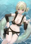  1girl alternate_costume alternate_hairstyle bikini black_bikini blush breasts cleavage commentary_request dutch_angle feet_out_of_frame fish_hair_ornament frilled_bikini frills green_hair green_streaks hair_bun hair_ornament hairclip heaven_burns_red highres hino_26 innertube jewelry key key_necklace large_breasts looking_at_viewer multicolored_hair necklace on_innertube ooshima_isuzu purple_eyes single_side_bun sketch solo streaked_hair swim_ring swimsuit thigh_gap thighs water 