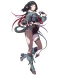  1girl animal_ears black_gloves black_hair boots calm_calm commentary_request cropped_jacket fingerless_gloves full_body fur-trimmed_jacket fur_trim garter_straps gloves green_boots green_eyes green_jacket high-waist_shorts highres jacket jane_doe_(zenless_zone_zero) korean_commentary leather_leotard medium_hair mouse_ears mouse_girl mouse_tail necktie pantyhose red_nails sharp_tail shorts single_garter_strap single_leg_pantyhose smile solo tail thighhighs torn_clothes torn_pantyhose torn_thighhighs two-tone_necktie white_background zenless_zone_zero 