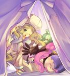  1girl blonde_hair cattleya_(pokemon) dress elite_four gothitelle green_eyes hat long_hair lowres musharna pokemon reuniclus very_long_hair 