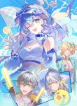  1girl 3boys aventurine_(honkai:_star_rail) aventurine_(waveflair)_(honkai:_star_rail) bare_shoulders blonde_hair blue_hair blush breasts caelus_(honkai:_star_rail) cleavage commentary_request fingerless_gloves gloves glowstick green_eyes grey_hair halo head_wings highres holding holding_glowstick honkai:_star_rail honkai_(series) large_breasts long_hair looking_at_viewer multiple_boys official_alternate_costume one_eye_closed open_mouth poppoman purple_eyes robin_(honkai:_star_rail) robin_(race)_(honkai:_star_rail) smile sunday_(honkai:_star_rail) trailblazer_(honkai:_star_rail) visor_cap white_gloves wings yellow_eyes 
