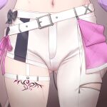  1girl asymmetrical_clothes commentary_request commission crotch_focus demon_girl demon_tail hololive leg_tattoo navel pixiv_commission single_pantsleg solo tail tattoo tokoyami_towa torimaru virtual_youtuber winged_heart winged_heart_tattoo 