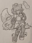  1girl animal_collar animal_ears ankle_bell cat_ears cat_girl cat_tail collar fluffy_tail graphite_(medium) hatching_(texture) highres indie_virtual_youtuber linear_hatching lineart mechanical_pencil mocha-tan_(character) mole mole_under_each_eye mole_under_eye multiple_moles paper_background pencil photo_(medium) self-upload sergent_magnom sketch solo tail traditional_media 