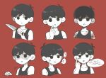  1boy :p anger_vein antenna_hair black_eyes black_hair black_tank_top closed_mouth collarbone colored_skin commentary_request double-parted_bangs eyelid_pull hair_between_eyes holding holding_knife knife looking_at_viewer male_focus omori omori_(omori) parted_lips red_background shirotsume_143 simple_background solo speech_bubble sweatdrop tank_top tongue tongue_out translation_request white_skin 