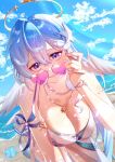  1girl beach bikini blue_eyes blue_hair blue_sky breasts cleavage commentary_request hair_ornament halo head_wings heart heart-shaped_eyewear highres honkai:_star_rail honkai_(series) jewelry large_breasts leaning_forward long_hair looking_at_viewer necklace ocean official_alternate_costume robin_(honkai:_star_rail) robin_(summeretto)_(honkai:_star_rail) sky smile solo starfish_hair_ornament summer swimsuit very_long_hair watatai white_bikini white_wings wings 