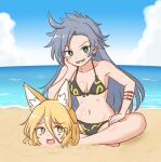  2girls alternate_costume animal_ear_fluff animal_ears barefoot beach bikini black_bikini blonde_hair blue_hair blue_sky bright_pupils buried cloud commentary_request commission day earrings elbow_on_another's_head fox_ears fox_girl green_eyes grin hair_between_eyes head_rest highres himemushi_momoyo jewelry kudamaki_tsukasa long_hair looking_at_viewer mizusoba multiple_girls navel ocean sand sharp_teeth sitting skeb_commission sky smile stomach sweat swimsuit teeth through_ground toes touhou very_long_hair white_pupils yellow_eyes 