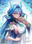  1girl absurdres blue_eyes blue_hair breasts closed_mouth commentary covered_navel dress earrings english_commentary fiery_horns floating floating_object forehead_tattoo hair_intakes hand_up highres horns jewelry large_breasts long_hair nathveex outdoors qingxiao_(wuthering_waves) sideboob smile solo tacet_mark_(wuthering_waves) tattoo thighhighs thighs weapon white_dress white_thighhighs wuthering_waves 