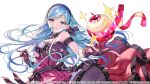  1girl apple apple_pendant bare_shoulders blue_eyes blue_hair breasts choker commentary company_name copyright_notice dress floating_hair flower food fruit gloves hair_ribbon hair_spread_out hairband highres hinomori_shizuku lace lace-trimmed_choker lace-trimmed_dress lace-trimmed_hairband lace-trimmed_ribbon lace_gloves lace_trim layered_dress long_hair looking_at_viewer mole mole_under_mouth off-shoulder_dress off_shoulder official_alternate_costume official_art okuma_mai open_hand parted_lips pendant_choker pink_dress polka_dot polka_dot_dress project_sekai ribbon romeo_to_cinderella_(vocaloid) simple_background small_breasts solo star_(symbol) waist_ribbon white_background white_flower 