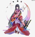  1girl absurdres alternate_costume black_hair branch chinese_commentary closed_mouth commentary_request ehextra floral_print floral_print_kimono full_body highres holding holding_branch houraisan_kaguya japanese_clothes jeweled_branch_of_hourai kimono long_hair looking_at_viewer pink_eyes platform_sandals print_kimono sandals smile socks solo touhou very_long_hair white_socks wide_sleeves 
