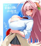  1girl black_skirt blush bracelet breasts cleavage clothes_around_waist collared_shirt commentary_request fate/grand_order fate_(series) flower grey_sweater hair_flower hair_intakes hair_ornament half_updo hisame_genta huge_breasts jewelry long_hair looking_at_viewer necktie pink_hair red_eyes shirt skirt sleeves_rolled_up smile solo sweater sweater_around_waist translation_request verdandi_(fate) white_shirt 
