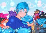  1boy altventurer_(regis_altare) animal_on_shoulder axelotl_(axel_syrios) axolotl bettelion_(gavis_bettel) bird bird_on_shoulder blue_hair bubby_(goldbullet) creature crying fingernails fish green_eyes hakkito_(banzoin_hakka) highres hiimtae_sb holding holding_creature holostars holostars_english hood hoodie koi koipanion_(josuiji_shinri) machiroon_(machina_x_flayon) male_focus poppet_(octavio) regis_altare ruzader_(crimzon_ruze) short_hair slime_(creature) sorawrity_(jurard_t_rexford) tears upper_body virtual_youtuber 