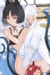  1girl animal_ear_fluff animal_ears armpit_crease black_bra black_eyes black_hair blue_archive blue_halo blush book bound bound_wrists bra breasts cat_ears cat_girl character_doll choker commentary_request doll feet halo highres kikyou_(blue_archive) multiple_tails on_bed pillow presenting_own_foot renge_(blue_archive) short_hair tail thighhighs tsui_(dfjw5724) two_tails underwear white_thighhighs 