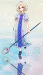  1girl :< blonde_hair closed_mouth commentary_request dress eyelashes fire_emblem fire_emblem:_mystery_of_the_emblem full_body highres holding holding_staff pata_(teihanpatsu) puffy_short_sleeves puffy_sleeves reflection reflective_liquid short_hair short_sleeves solo staff standing standing_on_liquid standing_on_one_leg white_dress yuliya_(fire_emblem) 
