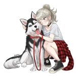  1girl black_choker choker clothes_around_waist commentary dog girls_band_cry grey_hair highres jacket jacket_around_waist kawaragi_momoka logo oomumyo piercing_hole ponytail red_jacket shirt shoes simple_background sneakers solo squatting white_background white_shirt 