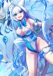  0kami_89zo 1girl absurdres animal_ears bare_shoulders blue_eyes blue_leotard blush bracelet breasts burko_(fate) cat_ears cat_girl cat_tail cleavage commentary_request detached_collar dobrynya_nikitich_(fate) dobrynya_nikitich_(swimsuit_lancer)_(second_ascension)_(fate) dragon fate/grand_order fate_(series) fur_collar hair_ribbon highleg highleg_leotard highres jewelry large_breasts leotard long_hair looking_at_viewer multicolored_leotard open_mouth ribbon sash smile tail thighs two-tone_leotard weapon white_hair white_leotard 
