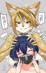  2girls ^_^ animal_ear_fluff animal_ears animal_nose behind_another belle_(zenless_zone_zero) black_choker black_mask blonde_hair blue_hair blush body_fur breasts breath brown_hair cat_ears cat_girl choker clenched_teeth closed_eyes commentary_request convenient_arm convenient_censoring convenient_head covered_mouth fingernails flying_sweatdrops furry furry_female furry_with_non-furry green_eyes grey_background hair_between_eyes hands_on_another's_head hands_up head_tilt highres interspecies large_breasts looking_at_another low_twintails mask medium_hair mouth_mask multicolored_hair multiple_girls nude pulchra_fellini sharp_fingernails short_twintails simple_background straight-on sweat teeth translation_request trembling twintails two-tone_hair v-shaped_eyebrows yellow_fur ygdm zenless_zone_zero 