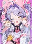  1girl :3 :d absurdres ahoge animal_ears aqua_bow bag bandaid bandaid_on_cheek bandaid_on_face belt_collar black_collar blue_eyes bow collar commentary fake_animal_ears fangs flat_chest fox_girl green_bow hair_bow hair_intakes hair_ornament hair_ribbon hairclip headphones headphones_around_neck heart heart_hair_ornament heterochromia heto highres holding inari_(tenko_shibuki) jacket light_blush long_hair looking_at_viewer multiple_hair_bows open_clothes open_jacket open_mouth parallel_hairclips pink_bag pink_bow pink_ribbon pink_shirt purple_hair ribbon shirt shoulder_bag smile solo stellive sweater tenko_shibuki twintails upper_body virtual_youtuber white_jacket white_sweater yellow_eyes 