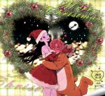  2girls :d animal_costume antlers between_breasts black_hair blood_time blush box breasts christmas christmas_ornaments christmas_present colored_skin dated dress elbow_gloves english_commentary fang fur-trimmed_dress fur-trimmed_headwear fur_trim gift gift_box gloves grey_eyes ha-yang_baek hat head_between_breasts highres horns korean_text leg_up long_hair merry_christmas multiple_girls murrang_f official_artist_extra open_mouth pink_hair pink_skin red_dress red_gloves red_hat reindeer_antlers reindeer_costume santa_costume santa_dress santa_hat short_hair skin_fang smile yeonu_ha yuri 