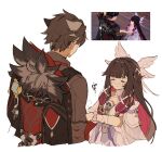  1boy 1girl arm_ribbon black_coat black_hair blue_dress blunt_bangs bow chain closed_eyes closed_mouth coat coat_on_shoulders collared_shirt colored_inner_hair columbina_(genshin_impact) commentary_request crescent detached_sleeves dress ear_piercing eye_mask facing_away feathered_wings from_behind game_screenshot_inset genshin_impact gradient_hair grey_shirt grey_streaks hair_intakes hair_ribbon head_wings highres iwashi_(iwashi008) long_hair looking_at_another looking_down mask multicolored_hair multiple_wings piercing punching red_hair reference_inset ribbon scar scar_on_neck screenshot_inset shirt short_hair short_sleeves sidelocks simple_background smile streaked_hair sweatdrop translation_request upper_body vision_(genshin_impact) white_background white_bow white_dress white_mask white_ribbon white_sleeves white_wings wide_sleeves wings wriothesley_(genshin_impact) wrist_bow 