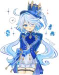  +++ 1girl ahoge arms_behind_back ascot black_shirt blue_ascot blue_bow blue_eyes blue_gem blue_hair blue_hat blue_jacket blue_pupils blue_sash blush bow buttons commentary_request cowboy_shot creature drill_hair drill_sidelocks drop-shaped_pupils eyelashes furina_(genshin_impact) gem genshin_impact gentilhomme_usher hair_between_eyes hat hat_bow hat_ornament heterochromia highres huge_ahoge jacket jewelry lapels long_hair long_sleeves looking_at_viewer low_twintails mademoiselle_crabaletta mismatched_pupils multicolored_hair musical_note nanase_sato notice_lines open_clothes open_jacket open_mouth pendant sash shirt shorts sidelocks simple_background smile solo sparkle speech_bubble spoken_musical_note standing surintendante_chevalmarin symbol-shaped_pupils tassel thigh_strap top_hat twintails twitter_username two-tone_hair very_long_hair vest wavy_hair white_background white_hair white_shorts white_vest 
