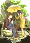  1girl black_hair boots brown_eyes brown_hair candle creator_connection crossover denim fur_trim gagame hairband jacket jeans kaga_ai leaf mole pants plant ponytail profile raincoat rock rubber_boots sayonara_zetsubou_sensei shared_umbrella shimogamo_yajirou short_hair sitting standing uchouten_kazoku umbrella water 