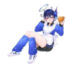  1girl :d antennae apple_pie apron black_shorts blue_hair blue_jacket blue_nails blue_socks blush chitetan copyright_request dotted_line fins food frilled_apron frills full_body hair_between_eyes halo head_fins heart heart_apron holding holding_food jacket jersey_maid long_sleeves loose_socks maid maid_headdress multicolored_hair nail_polish pie pink_hair puffy_long_sleeves puffy_sleeves red_eyes shoes shorts simple_background sleeves_past_wrists smile socks solo streaked_hair track_jacket unconventional_maid virtual_youtuber watermark white_apron white_background white_shoes 