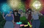  5girls abigail_fahrenheit black_hair black_pants blonde_hair blue_eyes blue_hair blue_pants blue_skirt bracelet breasts camisole cellphone cleavage clothes_around_waist collarbone commentary denim english_commentary erkaz fireworks green_camisole green_jacket grey_hair grin hair_behind_ear hair_ornament happy_new_year headband highres holding holding_hands holding_phone huge_breasts jacket jacket_around_waist jeans jewelry karinka_katyusha_(erkaz) large_breasts lips long_hair medium_hair miniskirt multiple_girls night one_eye_closed original outdoors pants parted_bangs parted_lips phone pink_shawl pink_skirt pleated_skirt pointing red_eyes red_skirt rey_tannhauser_(erkaz) rina_atherina scar scar_across_eye scar_on_face shawl short_hair skirt smartphone smile tank_top teeth tree twintails upper_teeth_only v white_tank_top yukihana_(erkaz) 
