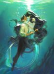  2girls absurdres black_hair black_pants black_shoes breasts brown_hair commentary dark-skinned_female dark_skin desasprio english_commentary eye_contact hand_on_another's_neck highres kelp large_breasts long_hair looking_at_another merfolk mermaid monster_girl multiple_girls nude pants parted_lips sara_lim_baylon shirt shoes sirena_(the_lovers) sunlight the_lovers_(studio_heartbreak) underwater white_shirt yuri 