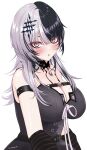  1girl absurdres arm_strap arm_warmers artist_name bare_shoulders black_arm_warmers black_choker black_dress black_eyeliner black_hair blush breasts chest_strap choker cleavage collarbone commentary_request dress dress_ribbon eyeliner hair_ornament highres hololive hololive_english kasutera_mikan lace-trimmed_choker lace_trim large_breasts long_hair looking_at_viewer makeup multicolored_hair parted_lips ribbon shiori_novella simple_background sleeveless sleeveless_dress solo split-color_hair streaked_hair striped_arm_warmers two-tone_hair virtual_youtuber white_hair white_ribbon yellow_eyes 