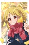  1girl absurdres ahoge blonde_hair blue_coat bocchi_the_rock! border braid braided_base chinosuke_(cs4126) closed_mouth coat commentary_request ginkgo_leaf ginkgo_tree highres holding holding_leaf ijichi_nijika leaf long_hair long_sleeves looking_at_viewer outdoors polka_dot polka_dot_scarf red_eyes red_scarf scarf side_ponytail side_ponytail_with_braided_base smile solo upper_body white_border 