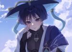  1boy :p akanbe arm_at_side armor black_bodysuit black_bridal_gauntlets blue_gem blue_hat blue_jingasa blue_sky blue_sleeves blunt_ends bodysuit bridal_gauntlets cape cloud cloudy_sky covered_collarbone eyelid_pull eyeliner finger_to_eye fingernails gem genshin_impact gold gold_ring hand_up hat highres index_finger_raised japanese_armor japanese_clothes jingasa kimono kote kurokote layered_sleeves looking_at_viewer makeup male_focus melonnn_09 middle_ring open_clothes open_kimono outdoors portrait purple_cape purple_eyes purple_hair red_eyeliner scaramouche_(genshin_impact) short_sleeves shoulder_peek side_cape sky solo tongue tongue_out tsurime wanderer_(genshin_impact) white_kimono white_sleeves wispy_bangs 