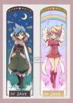  1boy 1girl armor arms_behind_head blonde_hair blue_eyes blue_hair boots bracelet breastplate breath_of_fire breath_of_fire_iii brown_boots closed_mouth commentary_request crescent_moon dress full_body green_pants hairband highres jewelry knee_boots looking_at_viewer maruno moon nina_(breath_of_fire_iii) orange_skirt pants puffy_short_sleeves puffy_sleeves rainbow red_boots red_dress red_hairband ryu_(breath_of_fire_iii) short_hair short_sleeves skirt smile wings 