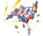  1girl 404_game_re:set anode_(404_game_re:set) arm_cutout black_hair black_visor_cap blue_boots blue_overalls boots brown_hair camisole character_doll closed_mouth clothing_cutout coat debris dig_dug doll drill full_body gauge grey_hair holding looking_at_viewer multicolored_hair official_art open_clothes open_coat overall_shorts overalls personification ponytail pooka_(dig_dug) purple_eyes short_hair simple_background smile solo third-party_source visor_cap white_background white_camisole white_coat yuugen 
